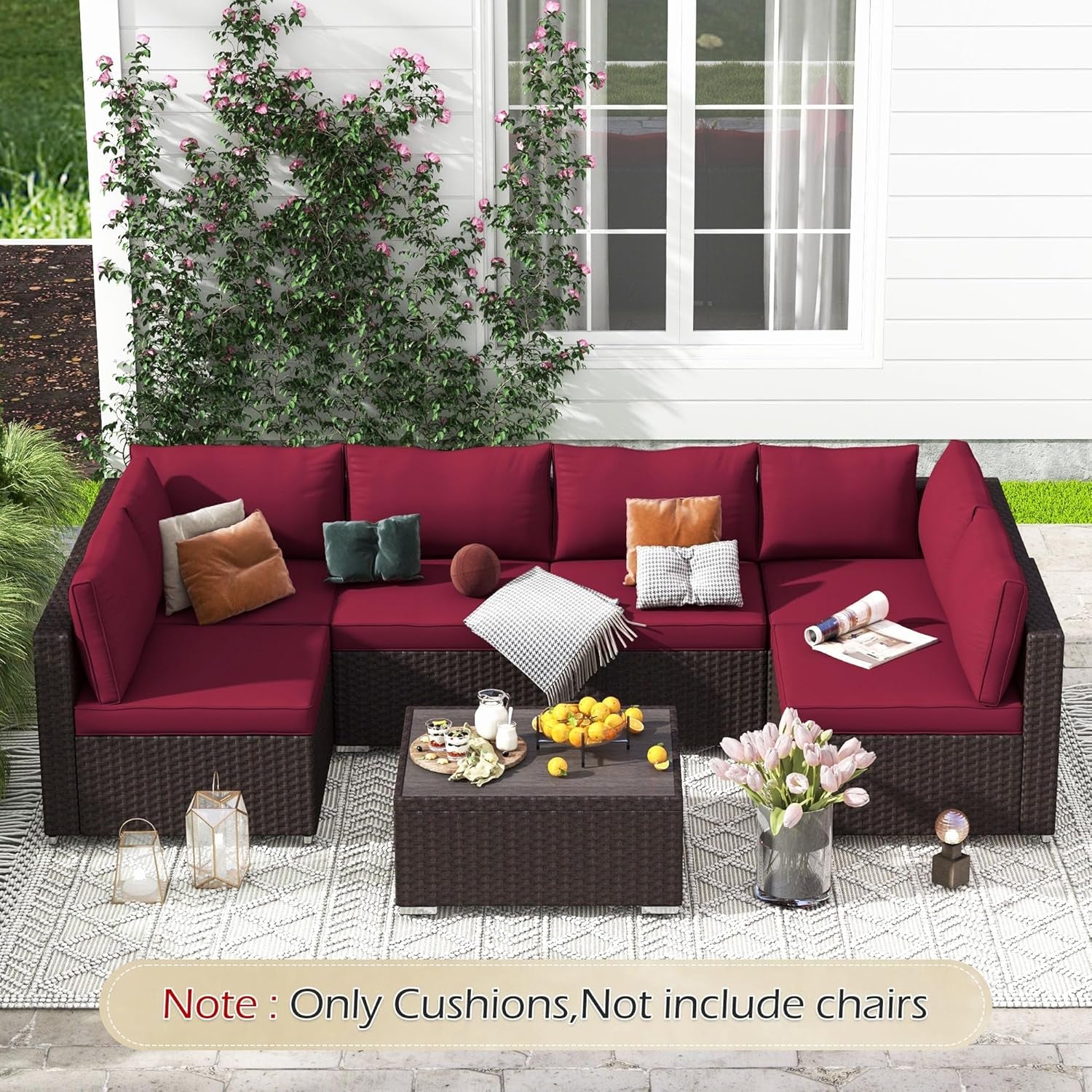 Outdoor Replacement Cushions for Patio Furniture,Water-Repellent Sofa Cushions for 6-Seat Rattan Wicker Sectional Patio Conversation Sets,14-Piece Cushions Set for Outdoor Couch（Burgundy）-1