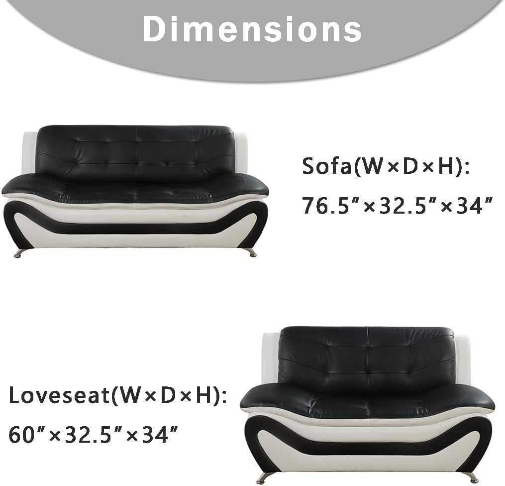 Living Room Sofa Set Leather Couch and Loveseat for Living Room, Living Room Couch Set, Sofa for Bedroom, Apartment, Living Room Furniture Sets (Black&White, Sofa+Loveseat)-3