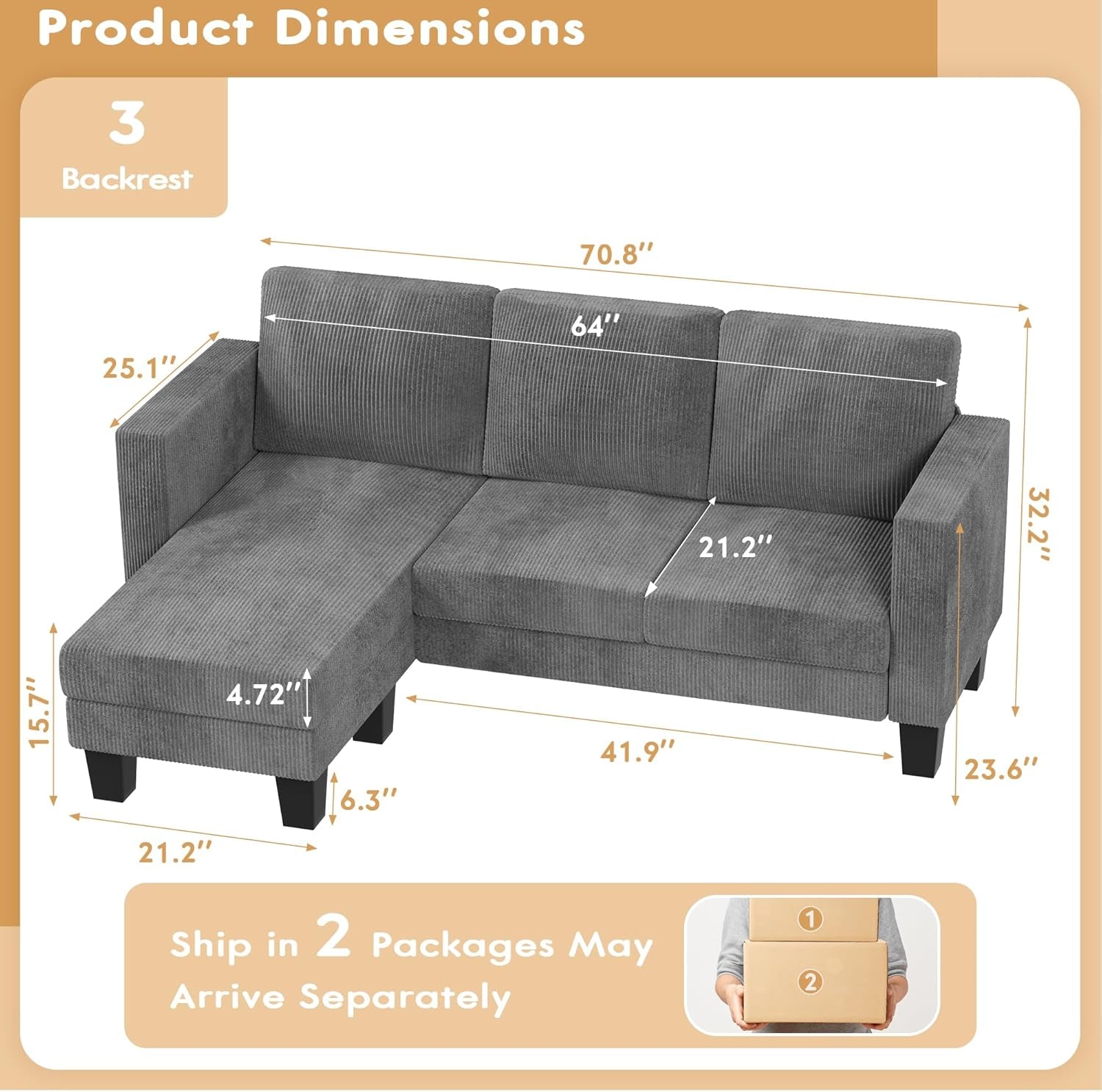 Convertible Sectional Sofa Couch, 3 Seat L-Shaped Sofa with Linen Fabric Ottoman Small Couch for Small Apartments, Living Room and Office (Corduroy, Gray)-1
