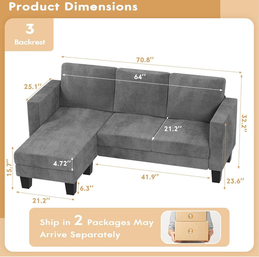 Convertible Sectional Sofa Couch, 3 Seat L-Shaped Sofa with Linen Fabric Ottoman Small Couch for Small Apartments, Living Room and Office (Corduroy, Gray)-1