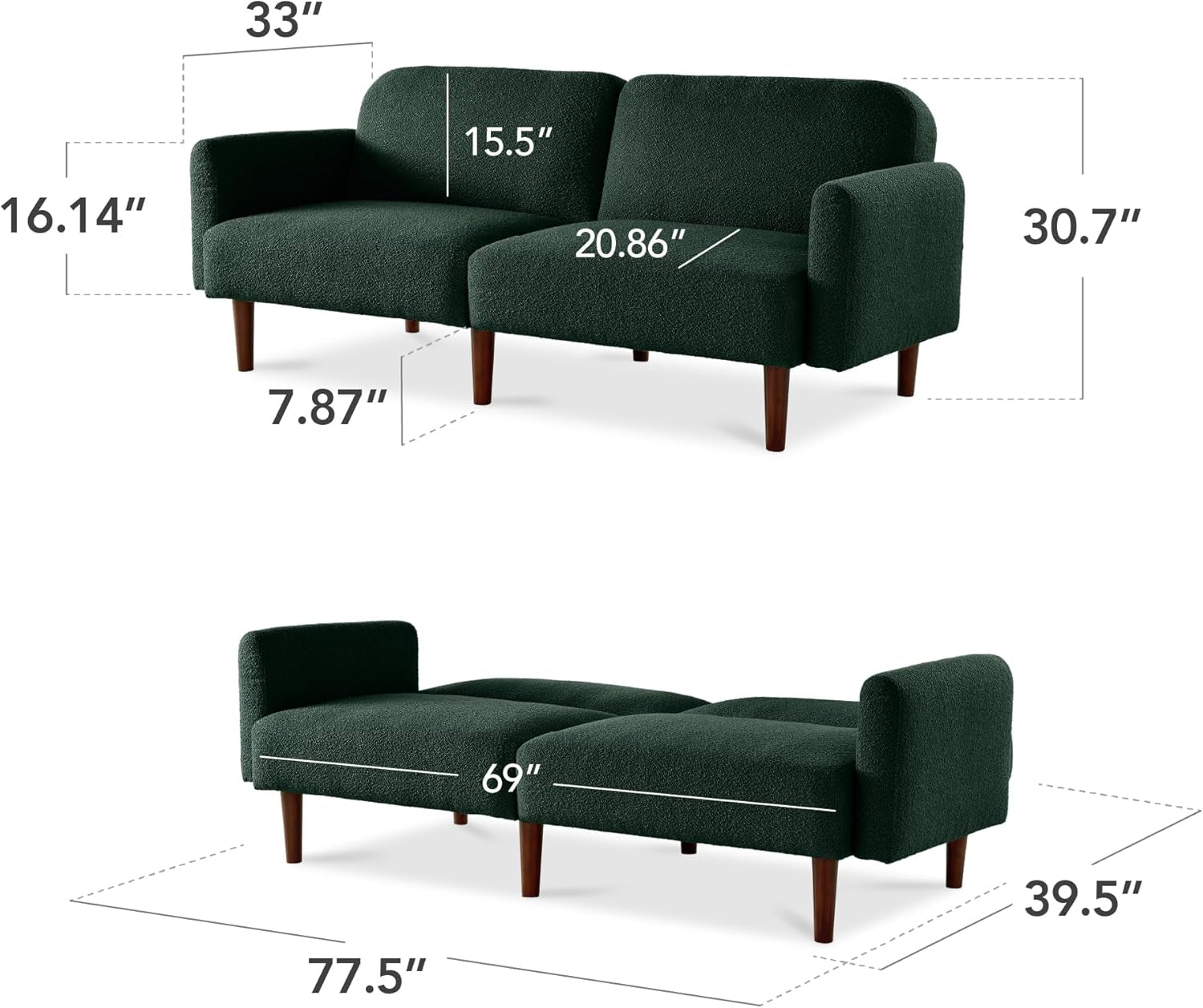77" Mid Century Modern Boucle Loveseat Sofa, Couch, Convertible Sofa Sleeper Bed W/Real Wood, Removable Armrest - Evergreen-2