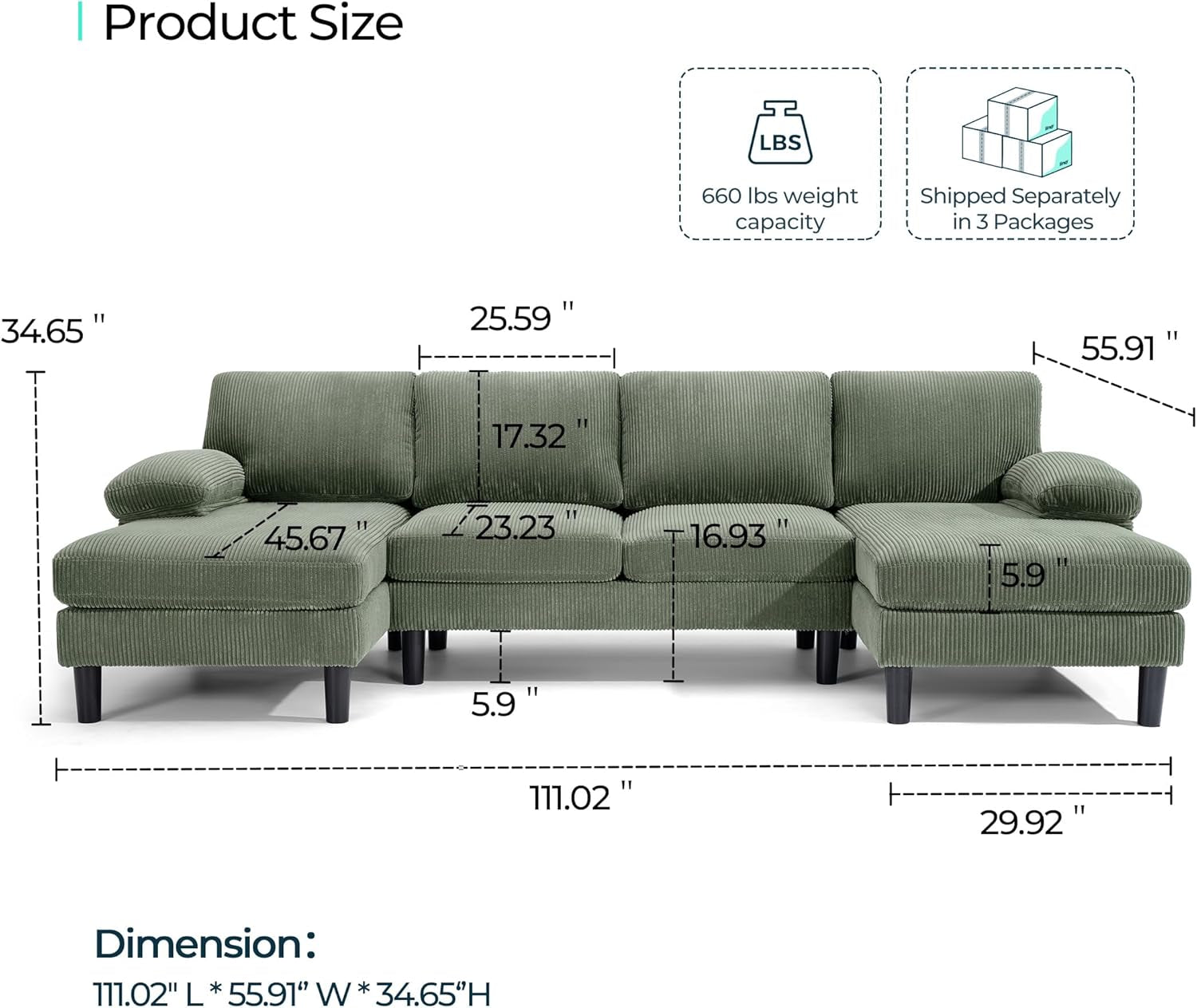 Sectional Couch, 111'' W Corduroy U Shaped Sofa with Sleepable Armrests, 4 Seat Couch with Double Chaises, Deep Sofa for Living Room, Army Green-1