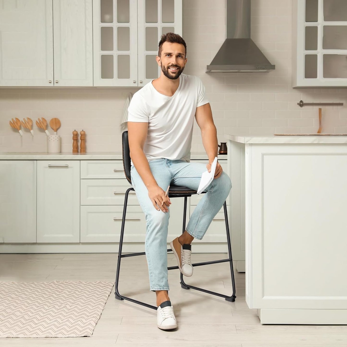 26 Inch Counter Height Bar Stools Set of 4, Modern Faux Leather High Barstools with Back and Metal Leg, Bar Chairs for Kitchen Lsland, Black-3