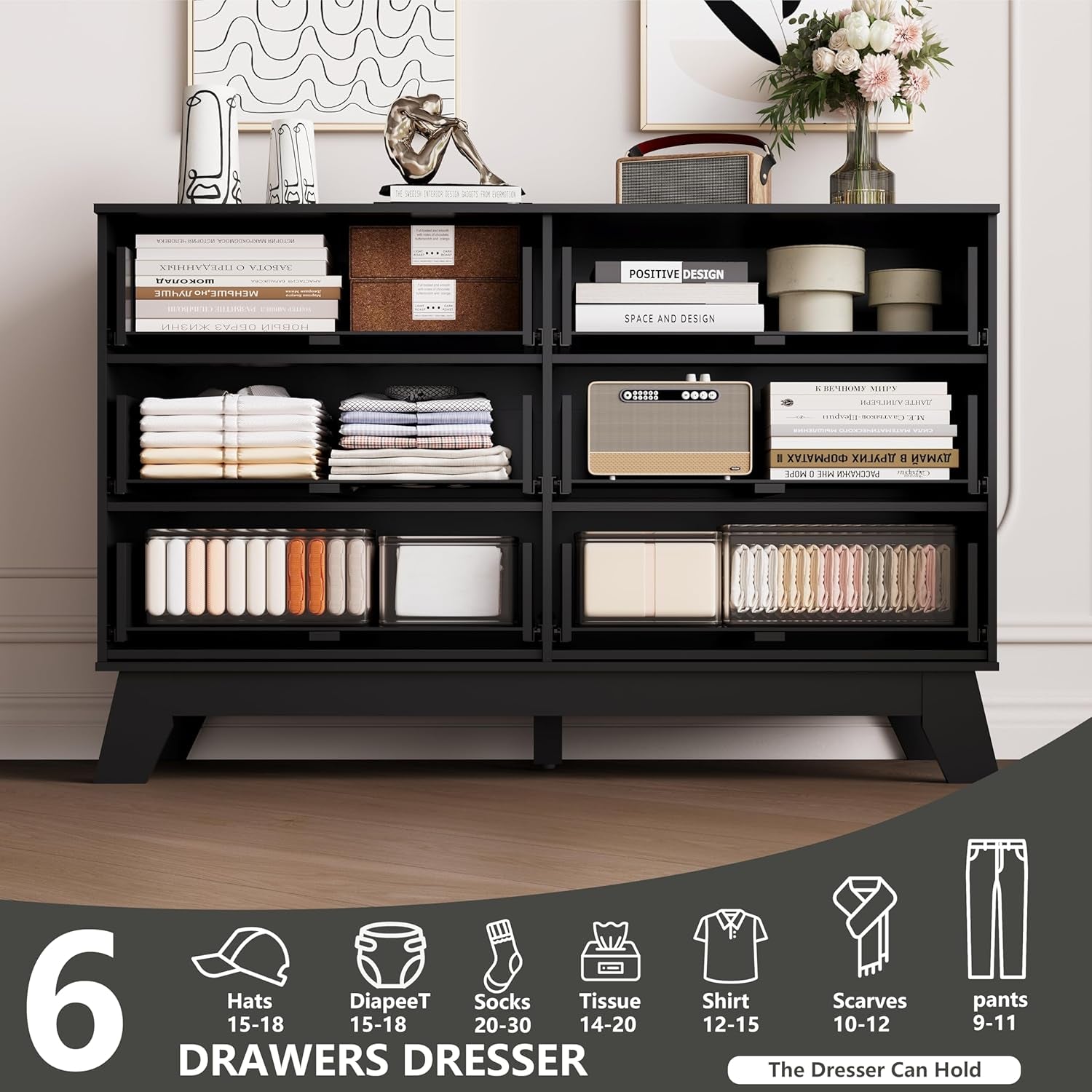 6 Drawers Dresser for Bedroom, Fluted Dresser Chest of Drawers with Gold Handle, Nature Wood Mid Century Modern Dresser for Closet, Bedroom Furniture Storage Organizer for Living Room, Hallway-2