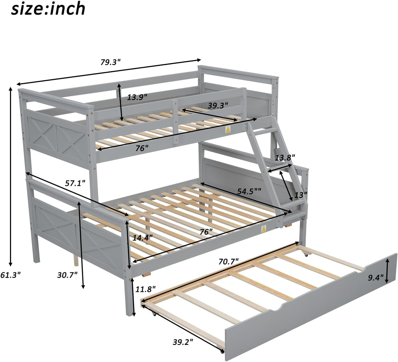 Trundle Bunk Bed, Twin over Full Wood Bunk Bed with Twin Size Trundle, Solid Wood Bunk Bed Frame with Guardrail and Ladder, Grey-1