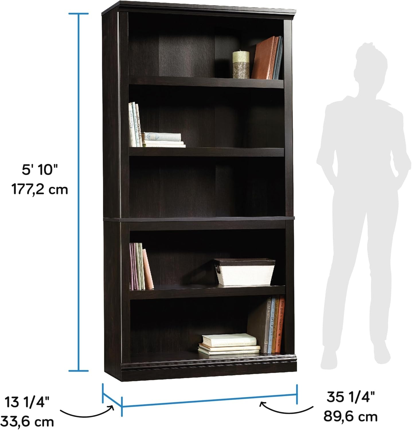 Miscellaneous Storage 5 Bookcase/Book Shelf, L: 35.28" X W: 13.23" X H: 69.76", Estate Black-2