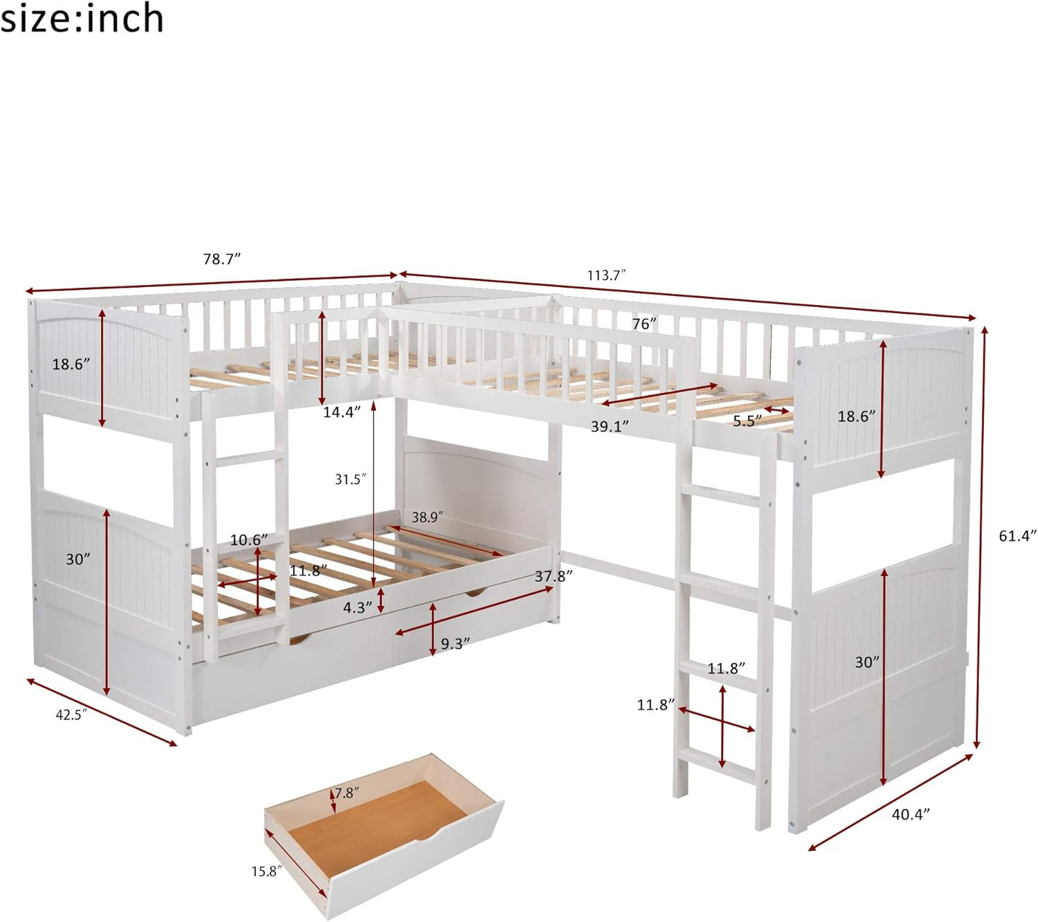 L Shaped Solid Wood Bunk Bed, Twin over Twin over Twin Bed with 2 Drawers and 2 Ladders, Twin Size Bunk Bed with a Loft Bed Attached, White-1