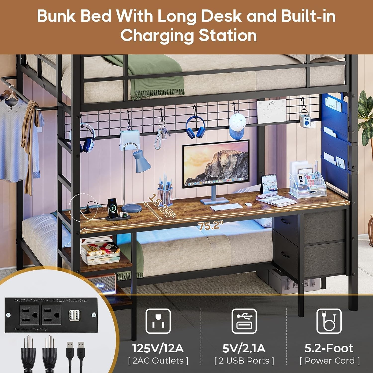 Full over Twin Bunk Bed with Desk and Charging Station Metal Full Size over Twin Loft Bed with Led Lights & Storage Shelves and Drawers for Teen,Safety Guard & Stairs,No Box Spring Needed,Black-4