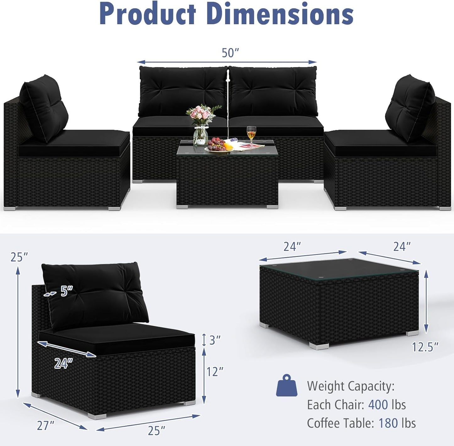 5-Piece Outdoor Patio Furniture Set, Rattan Sectional Sofa Set W/Glass-Top Coffee Table, Soft Seat & Back Cushions, Bistro Set for Garden Backyard Porch, Wicker Conversation Set (Black)-2