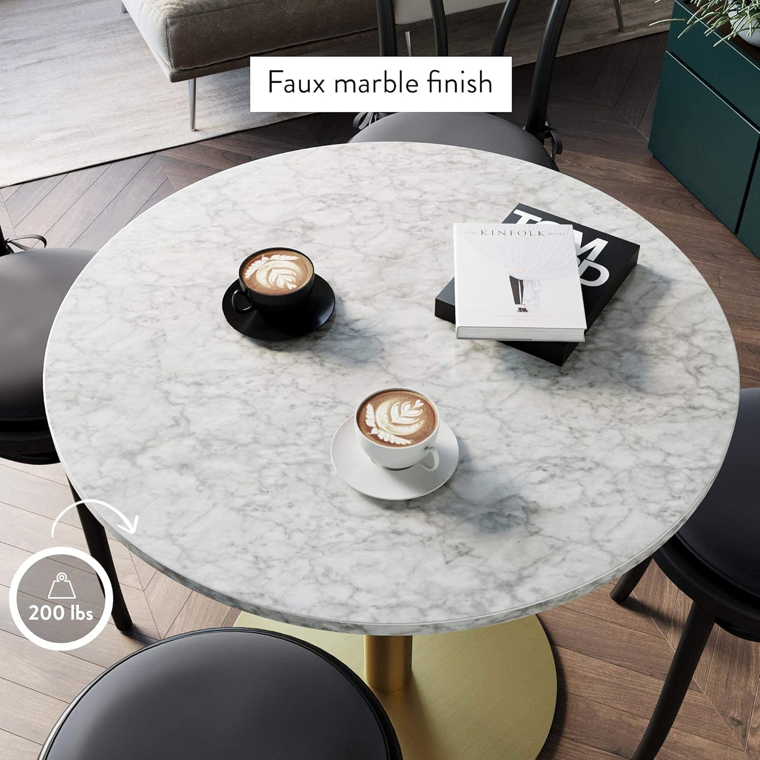 Bistro Lucy Small Mid-Century Modern Kitchen or Dining Table with Faux Carrara Marble Top and Brushed Metal Pedestal Base, Black/Gold 31D X 31.5W X 29H In-4