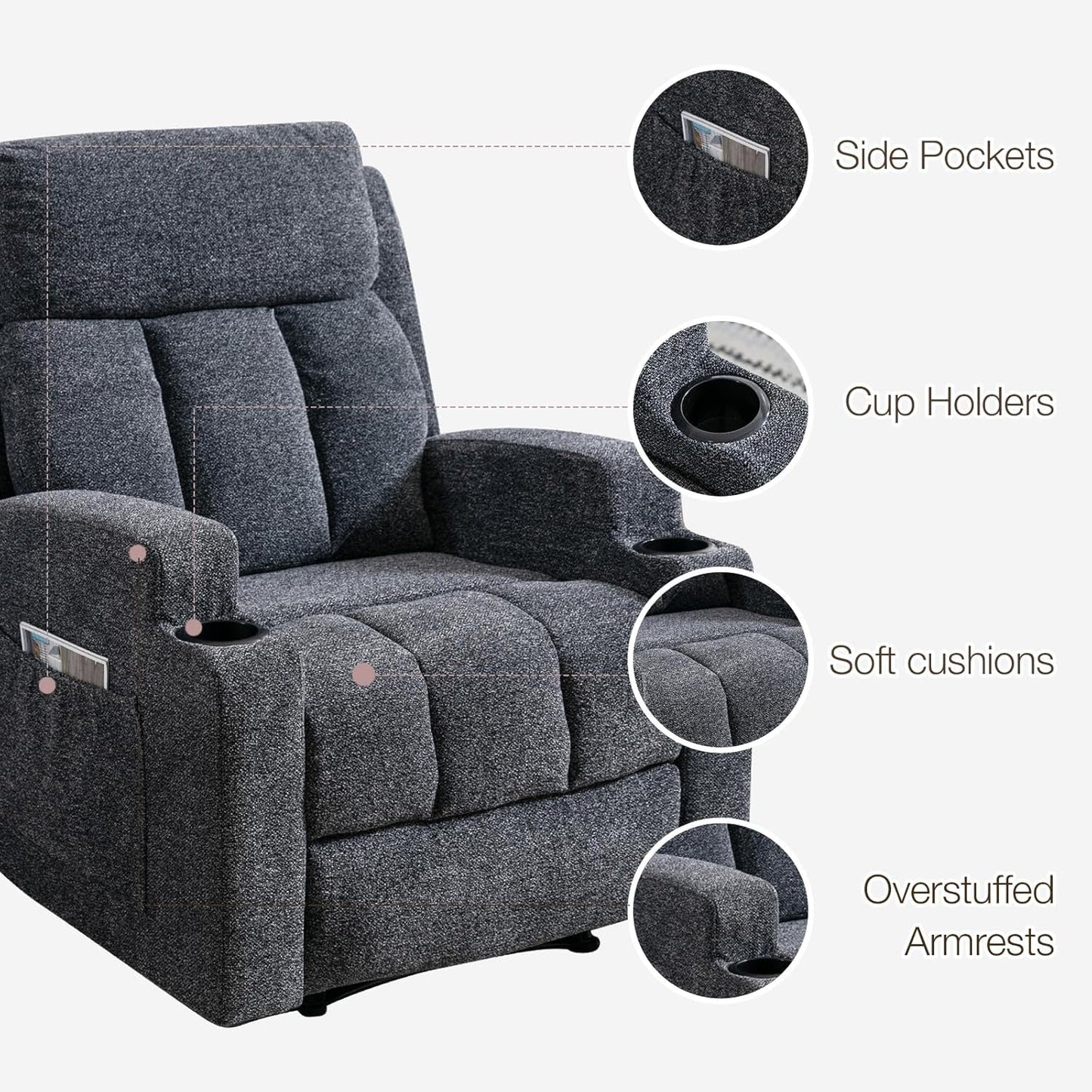Manual Recliner Chair with Massage and Heat for Living Room Overstuffed Breathable Fabric Reclining Chair with 2 Side Pockets, 2 Cup Holders, Remote Control, Dark Gray-3