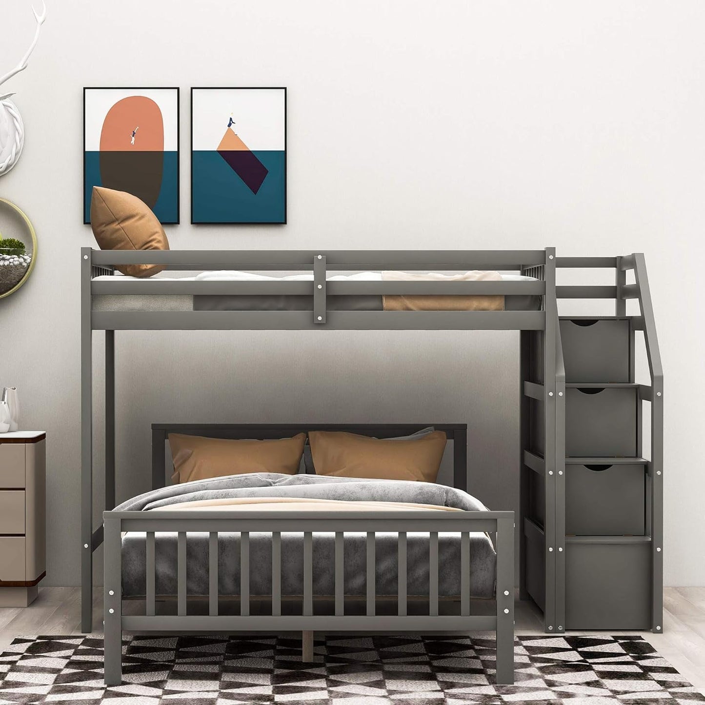 Twin over Full Bunk Bed with Stairs, Solid Wood Bunk Bed with Storage for Kids Teens Adults (Gray)-3