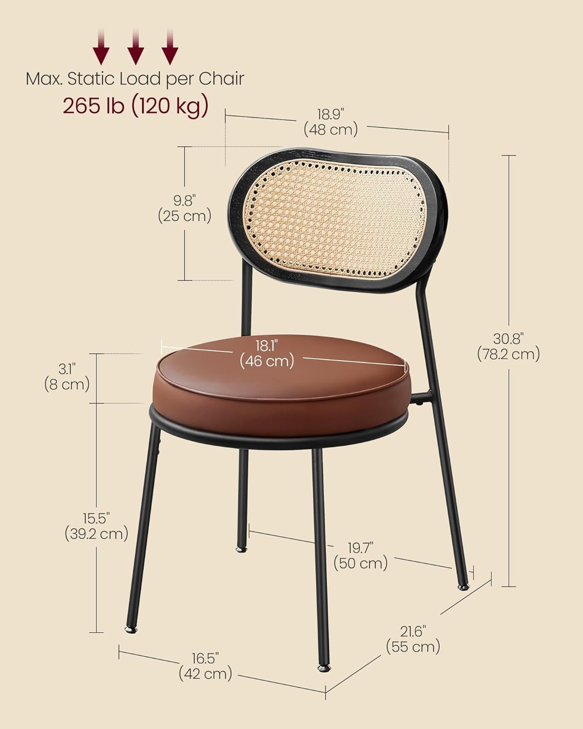 Dining Chairs, Set of 4 Dining Room Chairs with Boho PE Rattan Back, Synthetic Leather Upholstered Accent Chairs for Kitchen Living Room, Coffee Brown ULDC160K24-1