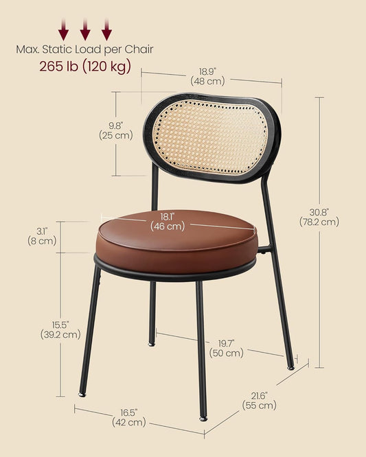 Dining Chairs, Set of 4 Dining Room Chairs with Boho PE Rattan Back, Synthetic Leather Upholstered Accent Chairs for Kitchen Living Room, Coffee Brown ULDC160K24-1