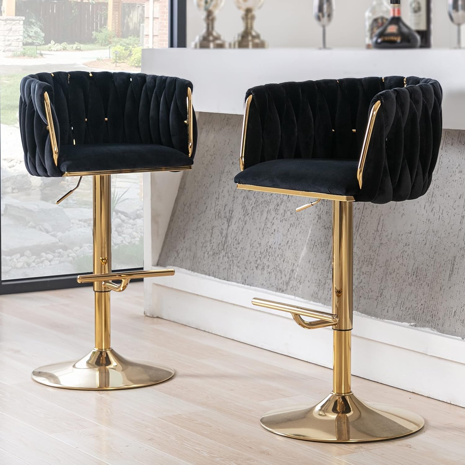 Modern Swivel Bar Stools Set of 2, Velvet Adjustable Height Barstool with Barrel Back Kitchen Island Counter Bar Chair with Golden Base, Black-0