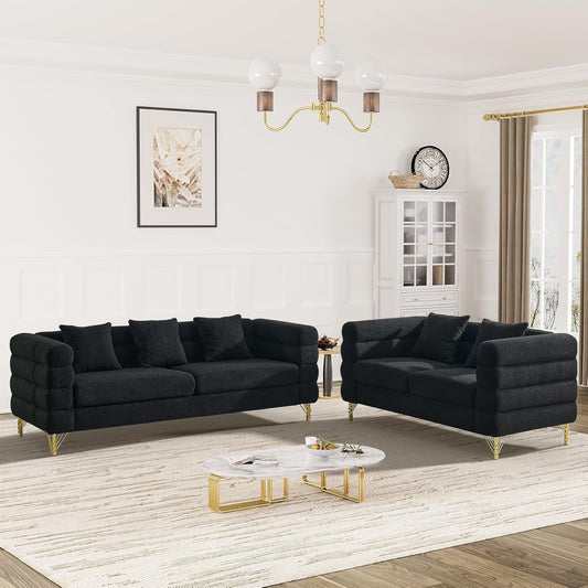 Living Room Sofa Couch and Loveseat Set, Modern Comfy Boucle Sherpa Deep Seat Cloud Couch with 5 Pillows, Oversized Sofa Furniture Sets for Living Room Bedroom, Black Teddy-0