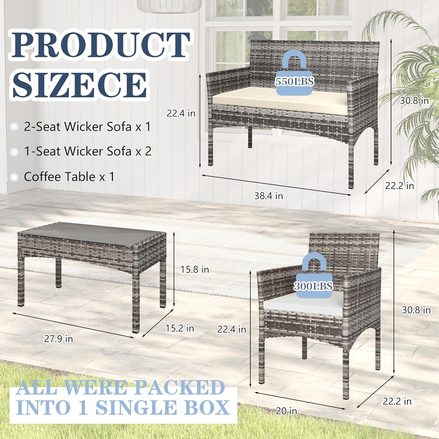 4 Pieces Patio Furniture Set, Outdoor Wicker Rattan Patio Conversation Furniture Set with Waterproof Cushion and Table for Lawn Backyard, Garden, Balcony, Porch and Poolside (Dark Grey)-2