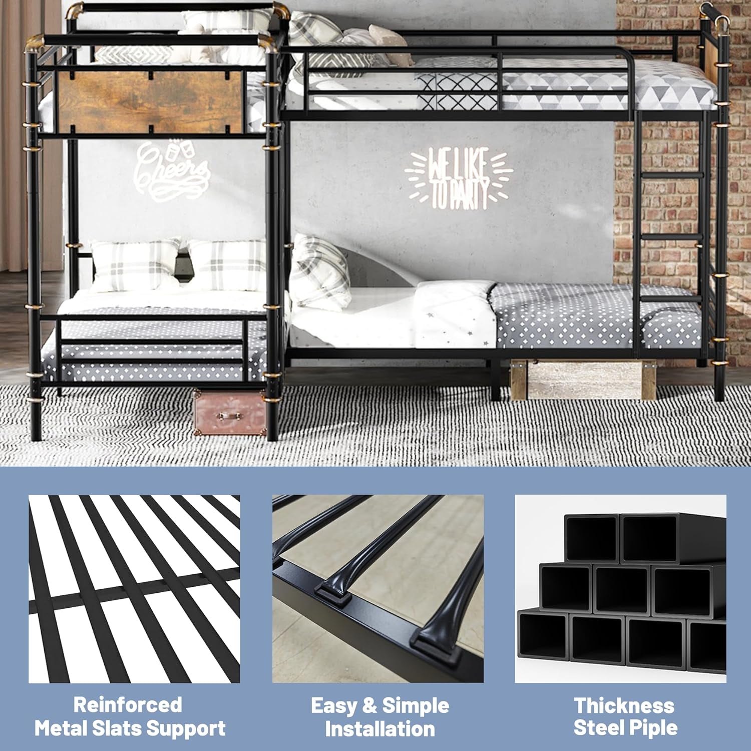 Quad Bunk Bed, Heavy Duty Metal 4 Bunk Beds for Kids with Ladders, Detachable Industrial L-Shaped Bunk Beds, Space Saving Design,Can Be Divided into 3 Twin Beds, Black-4