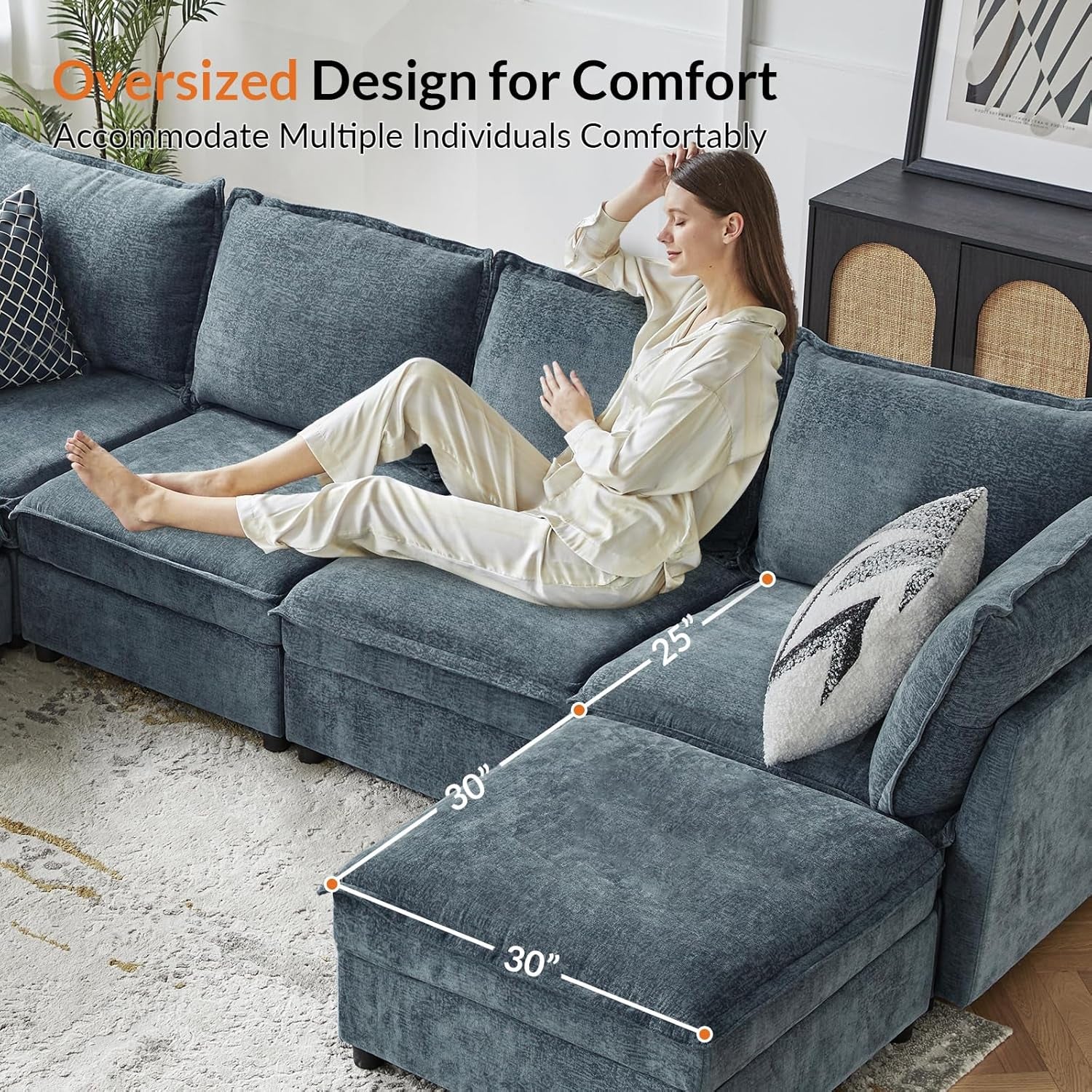 127'' Modular Sectional Sofa, Oversized U Shaped Couch with Storage Ottoman, Extra Deep Seat, Modern Comfy Chenille Sofa with Chaise, 6 Seat Convertible Couches for Living Room, Blue-4