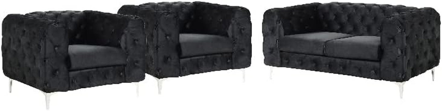 3-Piece Couches Velvet Fabric Living Room Furniture Set -Black-0