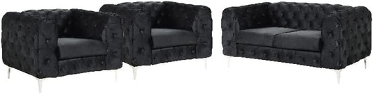 3-Piece Couches Velvet Fabric Living Room Furniture Set -Black-0
