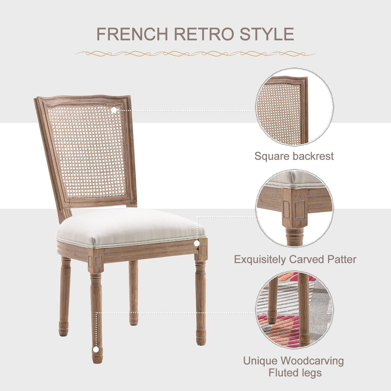 French Dining Chairs Set of 4, Louis Dining Chairs with Square Backrest and Exquisitely Carved Solid Wood Frame for Living Room, Kitchen, Restaurant-2