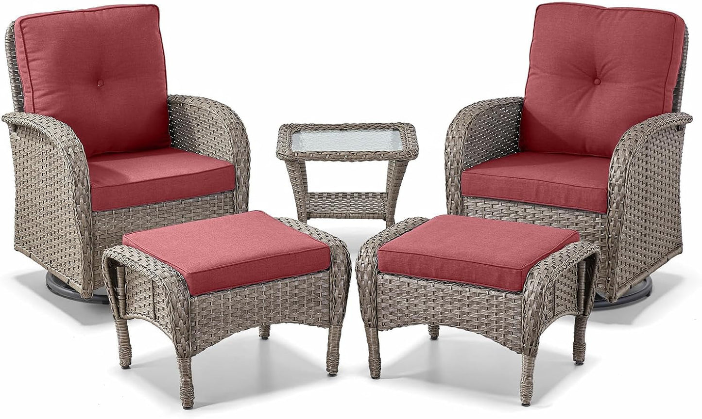5 Pieces Wicker Patio Furniture Set - Swivel Rocker Outdoor Chairs with Ottomans and Side Table, Small Patio Conversation Set for Porch Deck Backyard Red-1