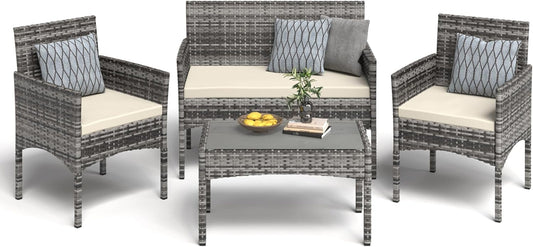 4 Pieces Patio Furniture Set, Outdoor Wicker Rattan Patio Conversation Furniture Set with Waterproof Cushion and Table for Lawn Backyard, Garden, Balcony, Porch and Poolside (Dark Grey)-0