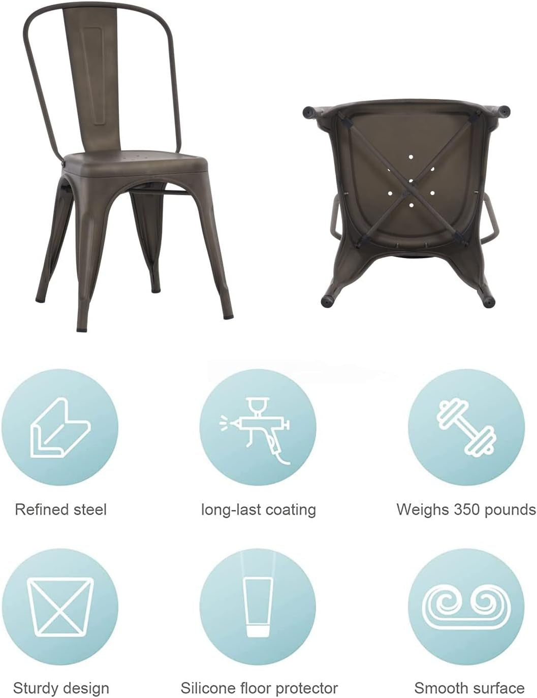 Metal Dining Chair Farmhouse Tolix Style for Kitchen Dining Room Café Restaurant Bistro Patio, 18 Inch, Stackable, Waterproof Indoor/Outdoor (Sets of 4) (Steel Seat, Bronze)-2