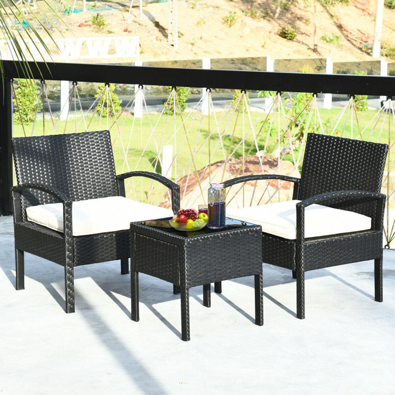 3 Pieces Outdoor Rattan Patio Conversation Set with Seat Cushions-1
