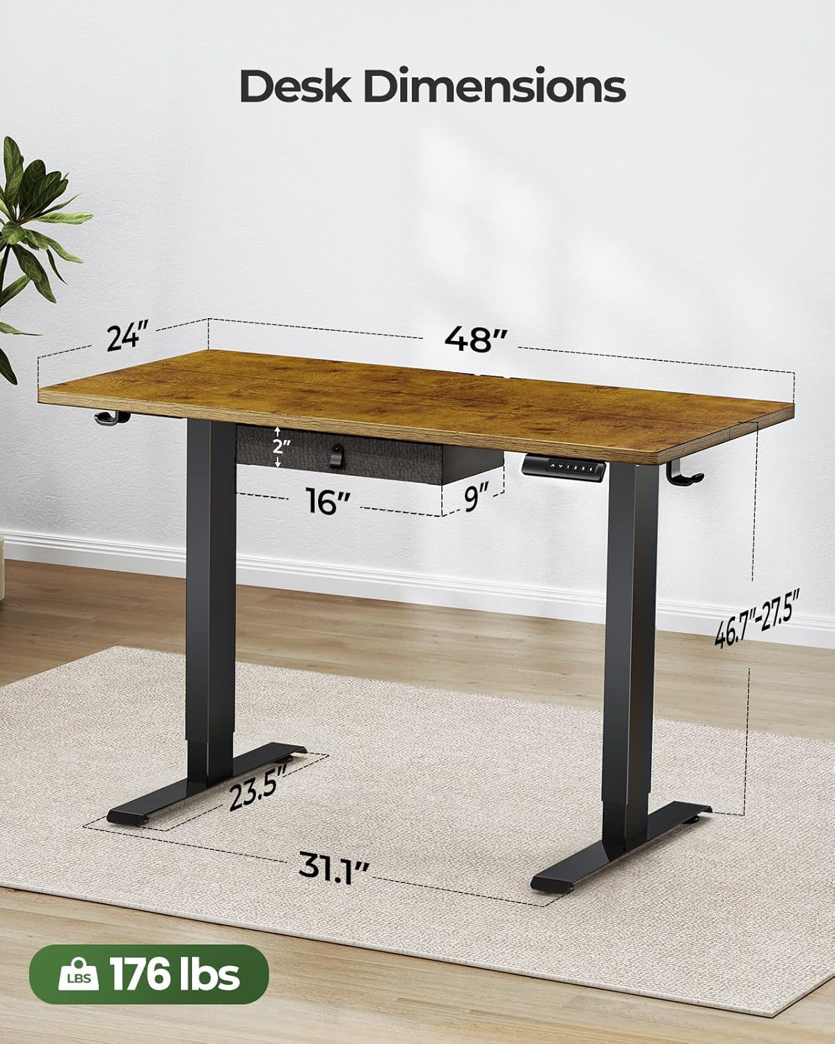 Standing Desk with Drawer, 48X24 Inch Adjustable Height Standing Desk, Electric Stand up Desk, Sit Stand Home Office Desk, Ergonomic Workstation for Home Office Computer Gaming Desk Rustic-2