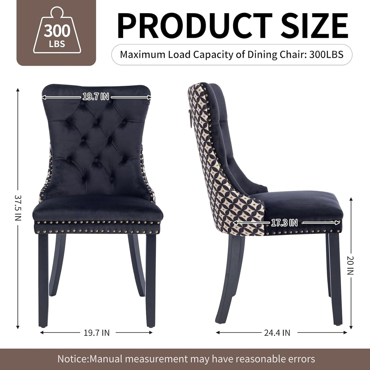 Velvet Dining Chairs Set of 4, High-End Tufted Upholstered Dining Chair with Back Ring Pull, Nailhead Trim and Solid Wood Legs, Modern Dining Room Chairs for Dining Room, Black &Patterned-2