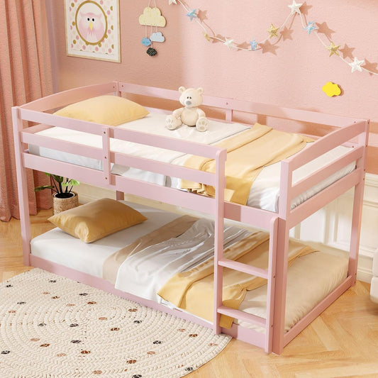 Low Bunk Bed, Solid Wood Bunk Beds Twin over Twin with Ladder, Space Saving Bunkbeds Frame W/Full Guardrails, Twin Floor Bunk Beds for Kids Boys Girls Teens, No Box Spring Needed (Pink)-0