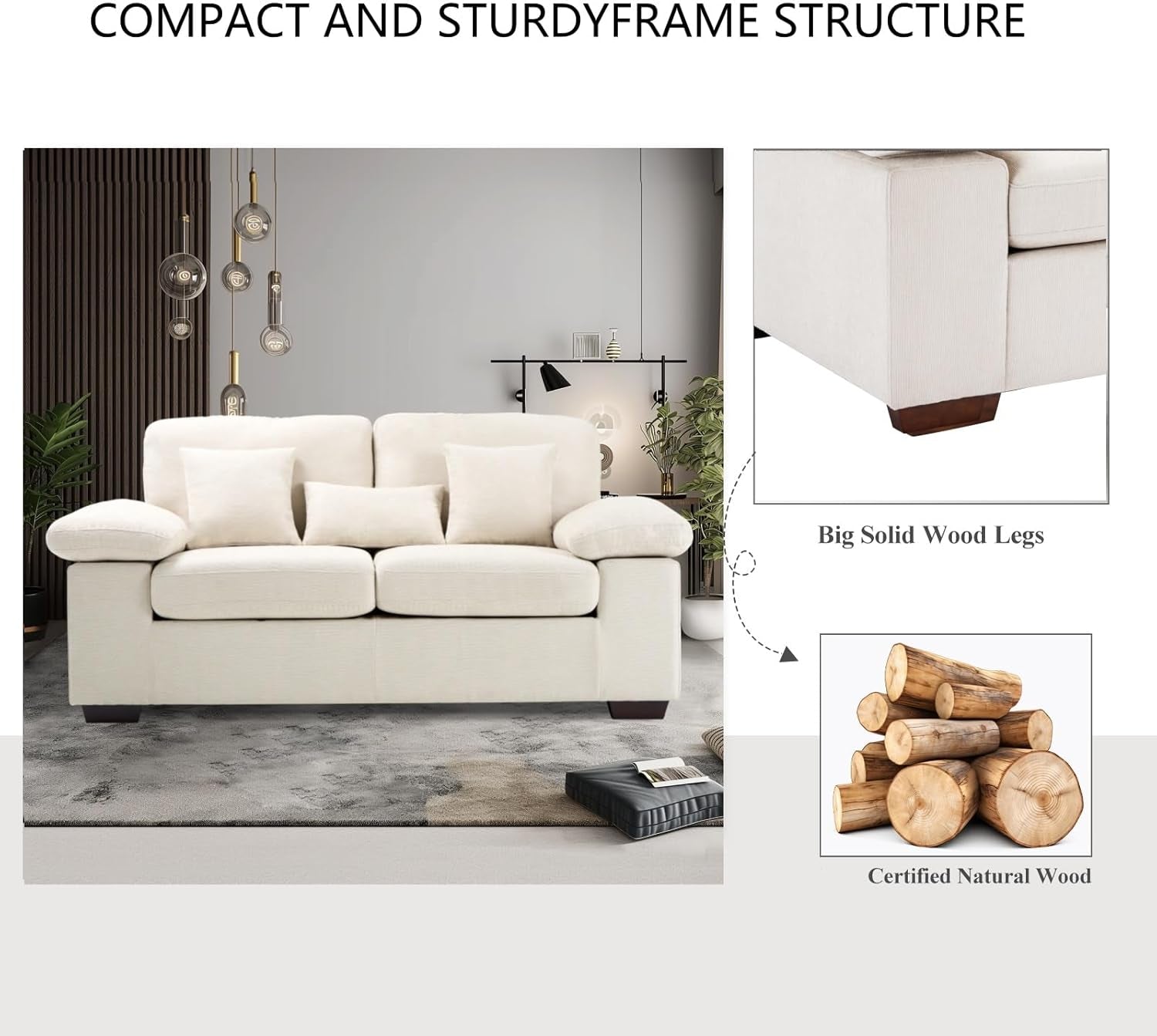 Loveseat Sofa,73" Love Seat Couches Living Room Sofa with 3 Pillows,Upholstered Modern Comfy Chenille Seat Cushions Bedroom Couch,Beige-3