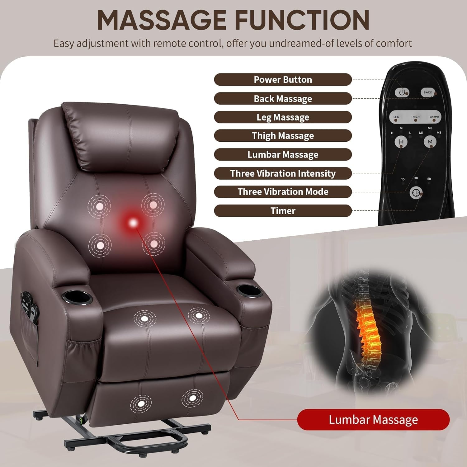 Power Lift Recliner Chair with Massage for Elderly PU Leather Modern Reclining Sofa Chair with Cup Holders, Remote Control, Adjustable Furniture (Brown)-4