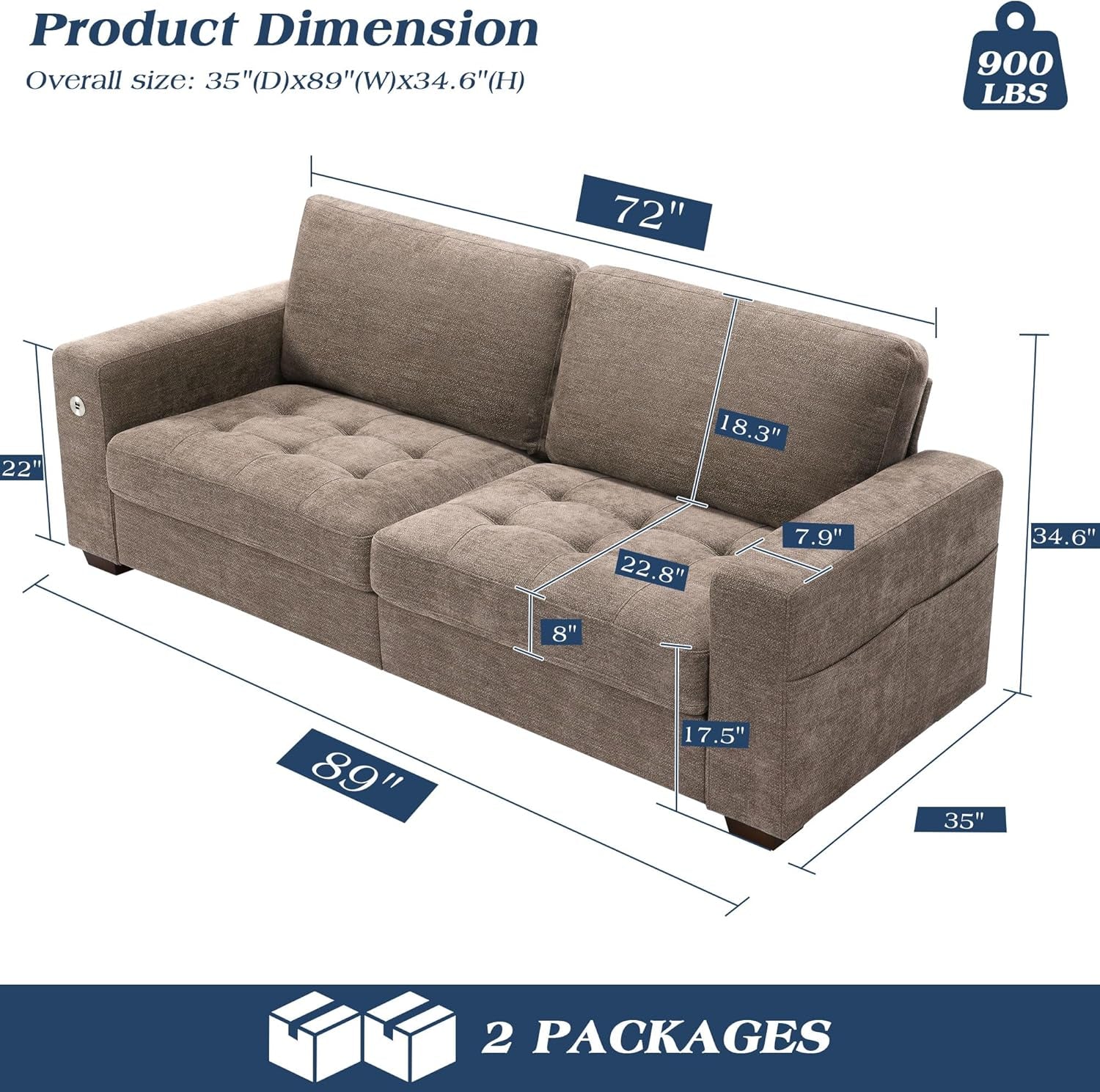 Sofas for Living Room, Chenille Loveseat Couch Set, Small Sofa, 3 Seater Sofa, USB Charging, Removable Sofa Cover,Solid Wood Frame, Easy to Install(89Inch,Brown)-1