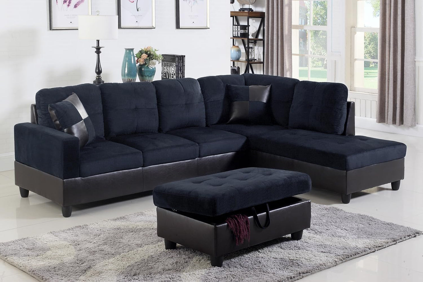 Midnight Blue Sectional Couch for Living Room Set, 105 Inch Sectional Sofa L Shaped Couch with Storage Ottoman/Microfiber Fabric/Facing Right Chaise-0