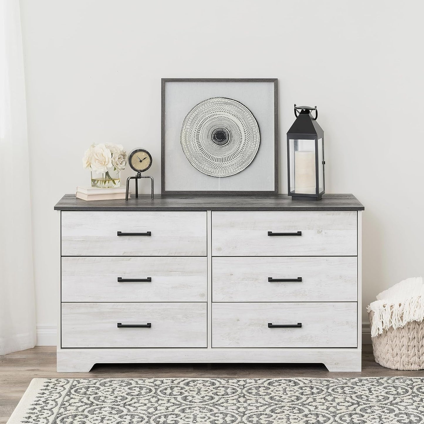 Rustic Ridge Farmhouse 6-Drawer Double Dresser, Washed White Dresser for Bedroom, Chest of Drawers with 6 Storage Drawers, 53.25” Wide X 18.25” Deep X 28.5” Tall, Washed White-1