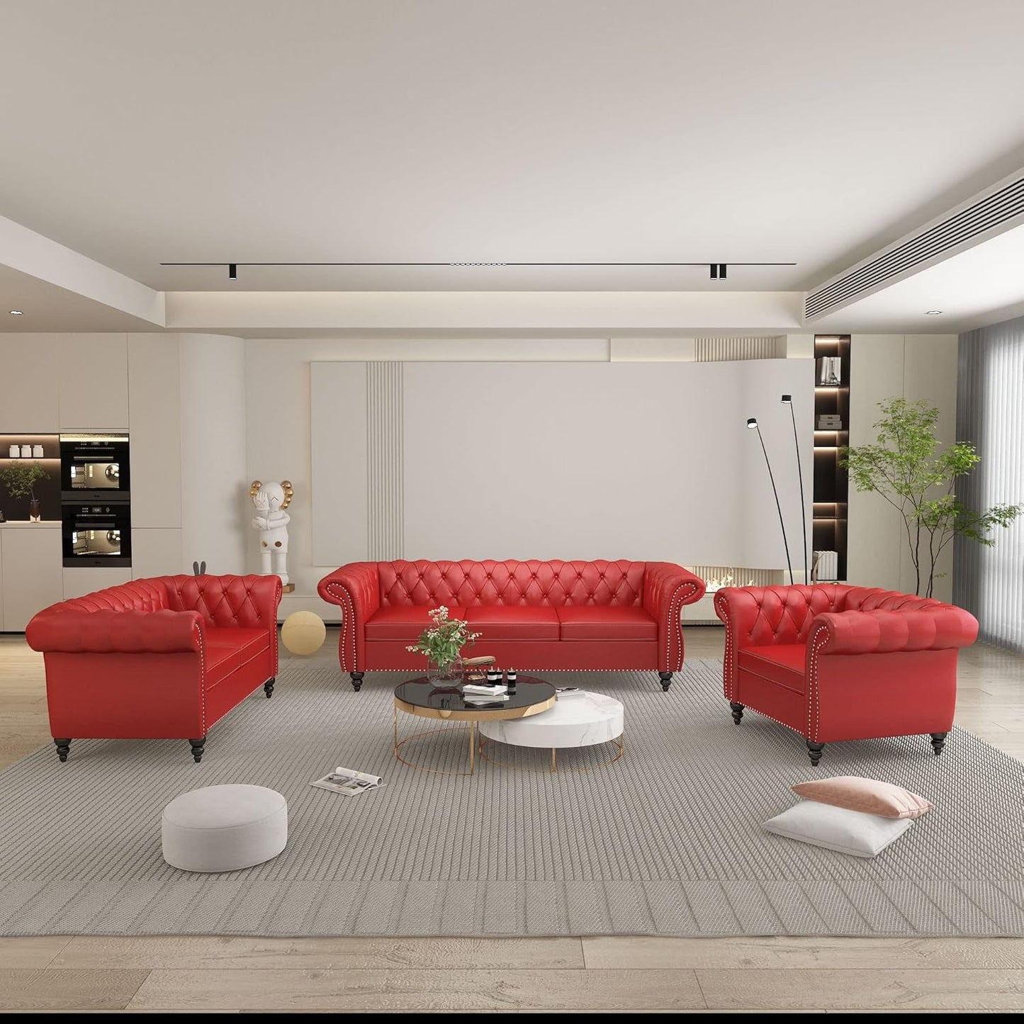 3 Piece Living Room Set, Sectional Chesterfield Sofa Chair Contemporary Upholstered Leather Loveseat Couch Sets for Living Room, Bedroom, Office-0