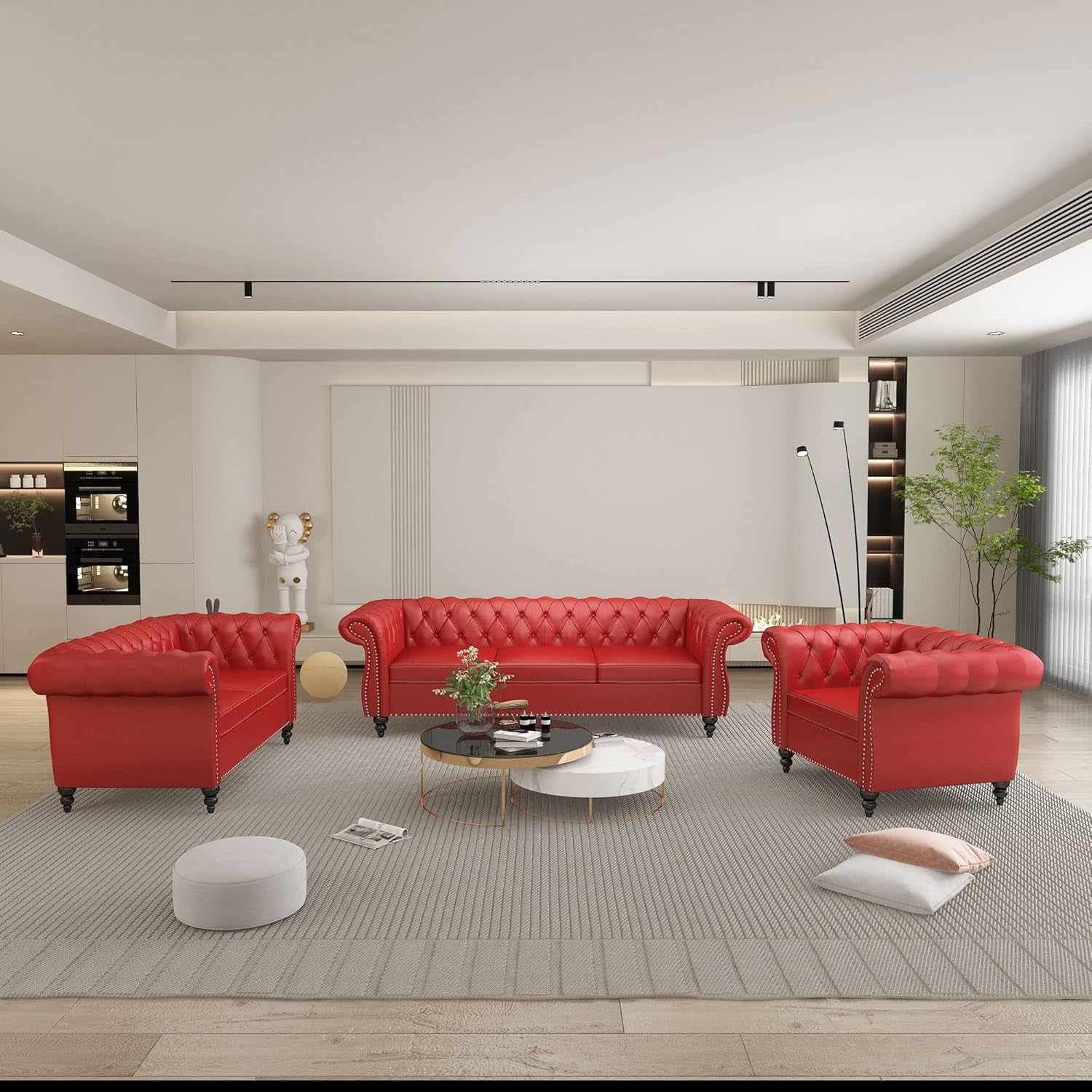 3 Piece Living Room Set, Sectional Chesterfield Sofa Chair Contemporary Upholstered Leather Loveseat Couch Sets for Living Room, Bedroom, Office-0