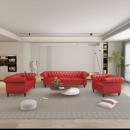3 Piece Living Room Set, Sectional Chesterfield Sofa Chair Contemporary Upholstered Leather Loveseat Couch Sets for Living Room, Bedroom, Office-0
