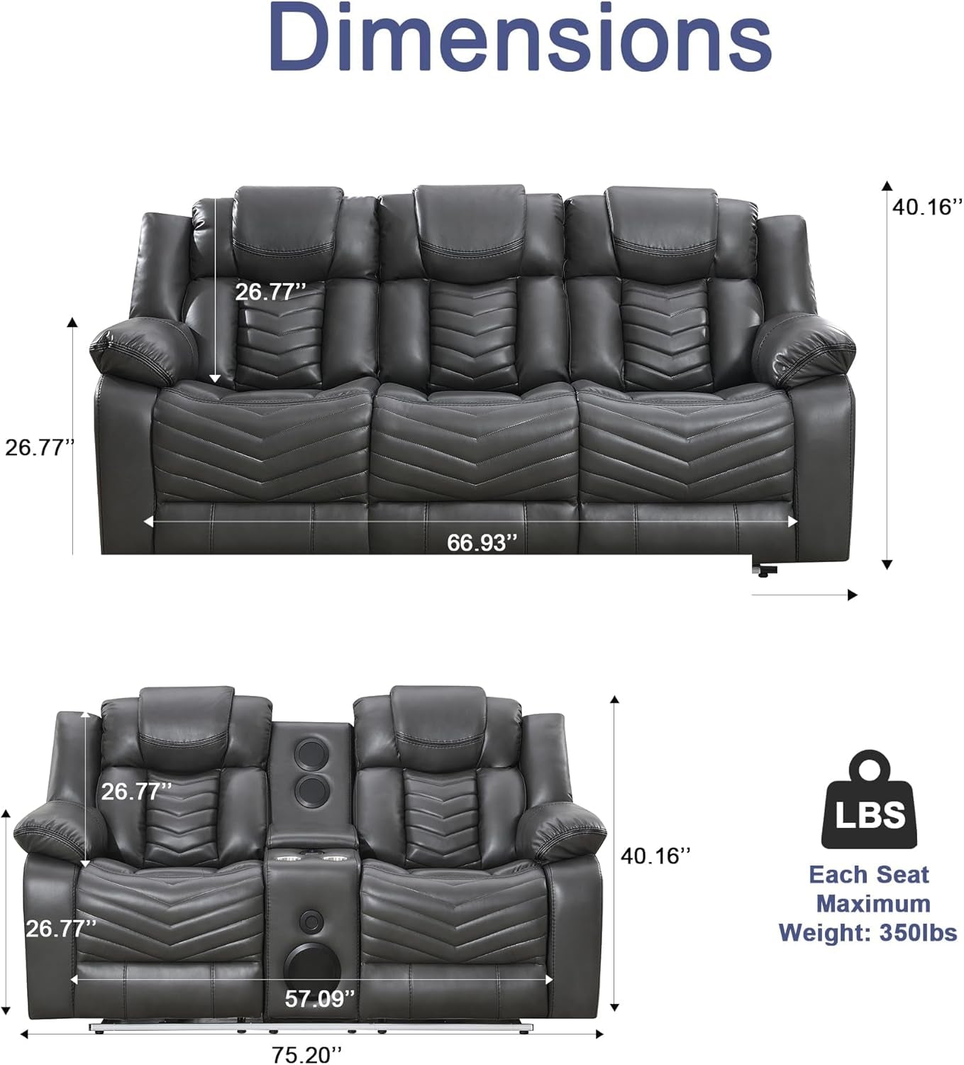 Power Reclining Sofa Set with LED Light,0 Gravity Air Leather Recliner Sofa Set with Bluetooth Speaker,Wireless Charger,Storage Console,Usb Ports,Cup Holders for Living Room/Office(2Pcs,Gray)-1