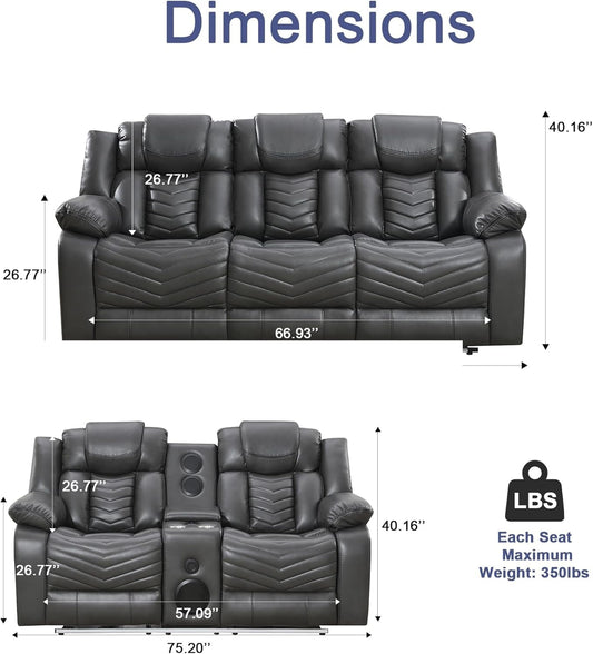 Power Reclining Sofa Set with LED Light,0 Gravity Air Leather Recliner Sofa Set with Bluetooth Speaker,Wireless Charger,Storage Console,Usb Ports,Cup Holders for Living Room/Office(2Pcs,Gray)-1