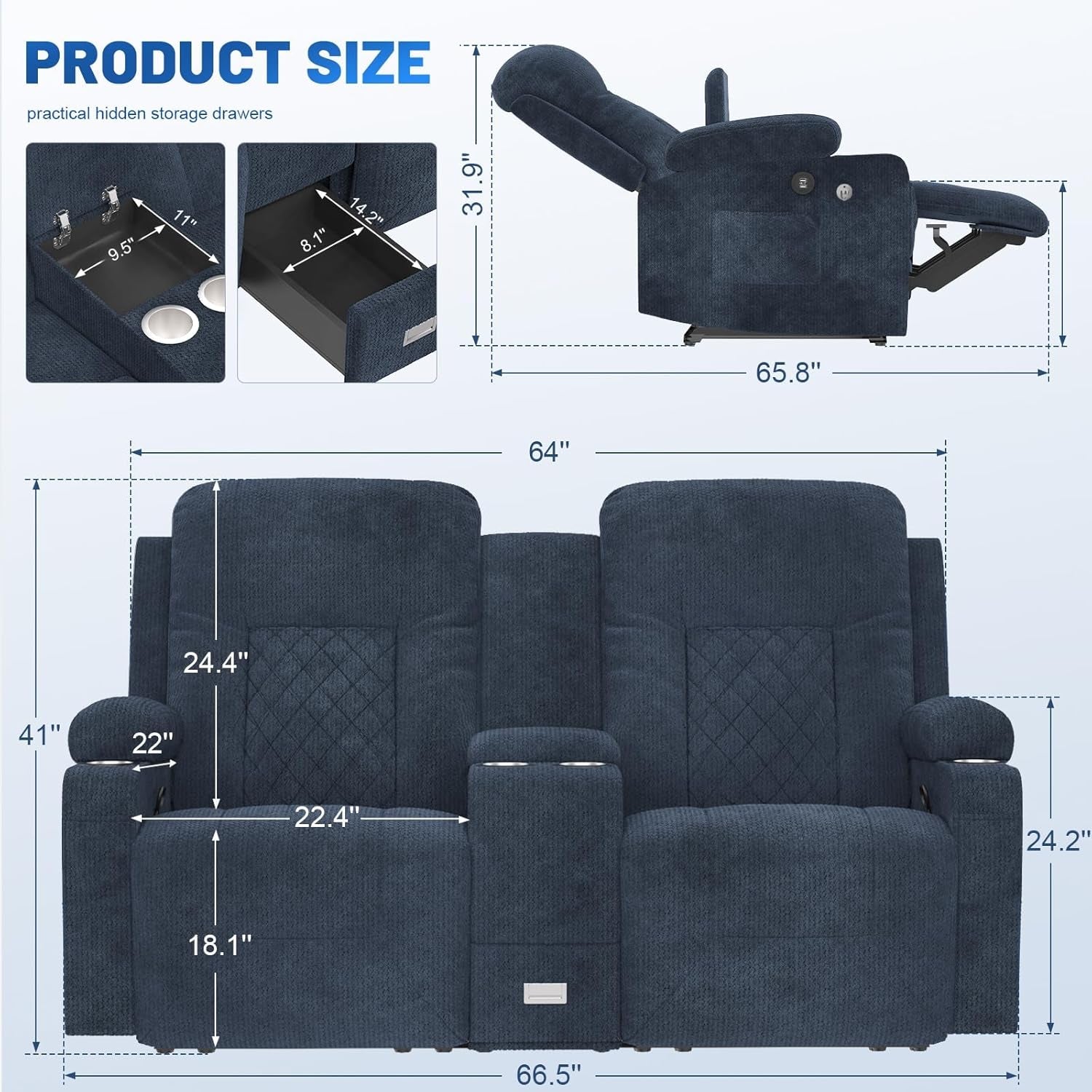 Fabric Loveseat Recliner, Reclining Loveseat Sofa with Storage Console, Recliner Chair with USB Ports, 2 Cell Phone Holders, Cup Holder, Loveseat Couch for Living Room (Navy Blue)-1