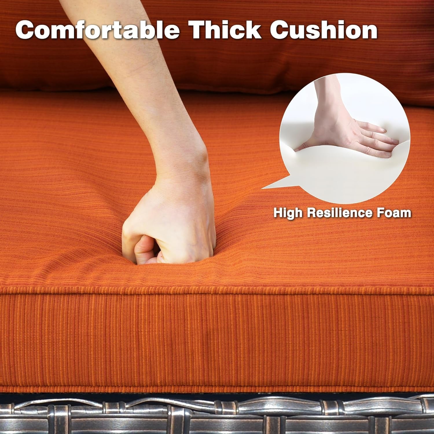 5 Pieces Patio Furniture Set, Outdoor Wicker Sofa Couch with Ottomans Comfy Cushions, All Weather High Back Conversation Set for Porch Deck, Brown Rattan, Orange Red-3