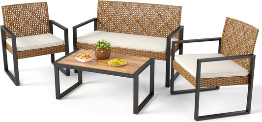 Wicker Patio Furniture Set for 4, Rattan Loveseat & Chairs with Beige Cushions & Acacia Wood Coffee Table, Outdoor Modern Sectional Conversation Sofa Set for Deck, Yard, Porch-0