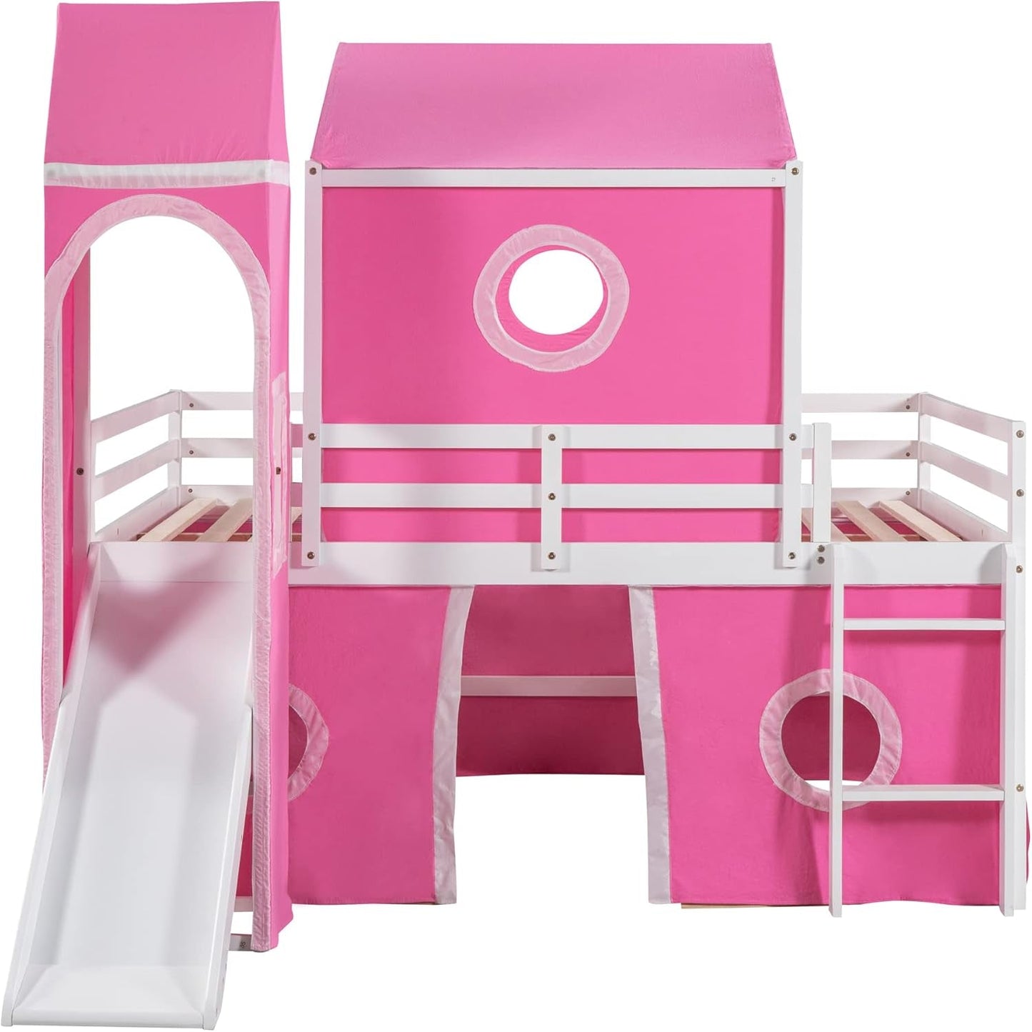 Full over Full House Bunk Bed, Kids Playhouse Bed, Solid Wood Bunk Bed Frame with Slide Pink Tent and Tower, for Girls and Boys, Pink-4