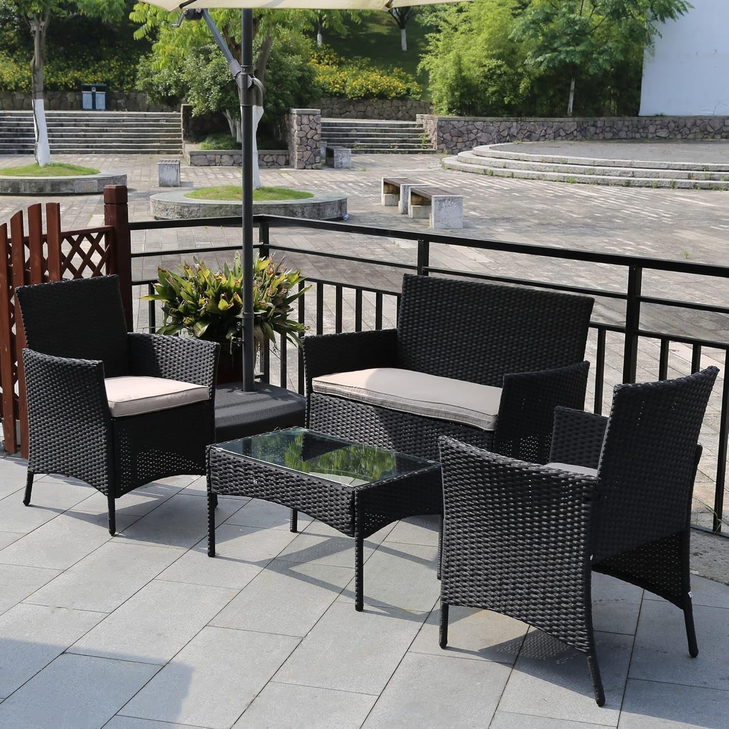 4 Pieces Patio Furniture Set Rattan outside Furniture Wicker Sofa Garden Conversation Sets with Soft Cushion and Glass Table for Yard Pool or Backyard,Black-0