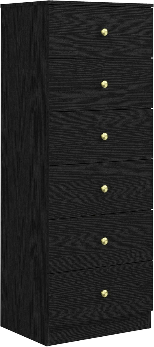 Modern 6 Drawer Vertical Dresser, Wood Tall Chest of Drawers N Arrow Storage Organizer with Wide Drawers & Metal Gold Handles for Bedroom, Living Room, Office, Hallway, Entryway (Black)-0