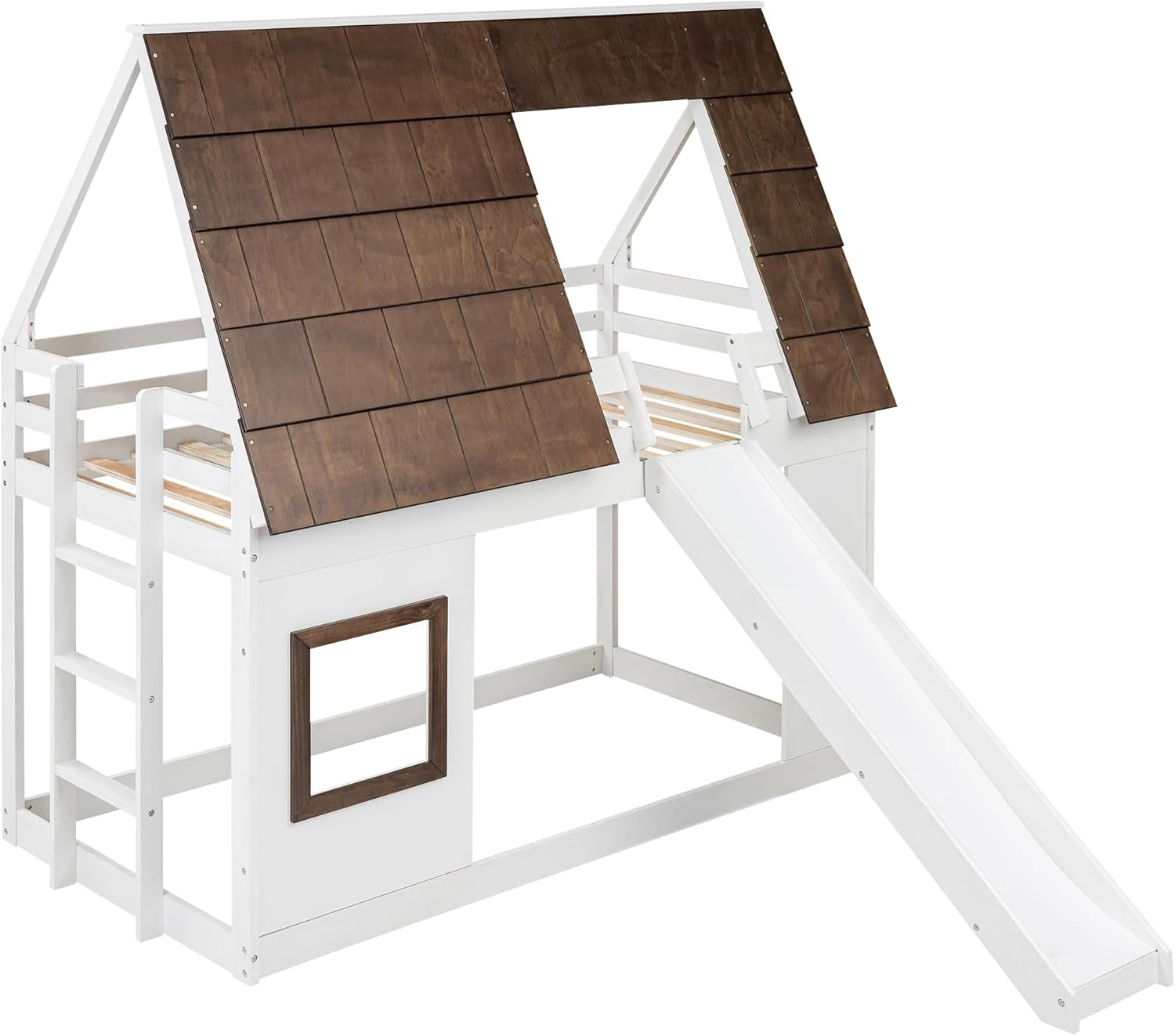 Bunk Bed Twin over Twin, Bunk Bed with Slides and Stairs, House Bunk Bed with Roof, Twin Bunk Bed for Kids, Teens, Kids Bunk Beds, White+Brown-4